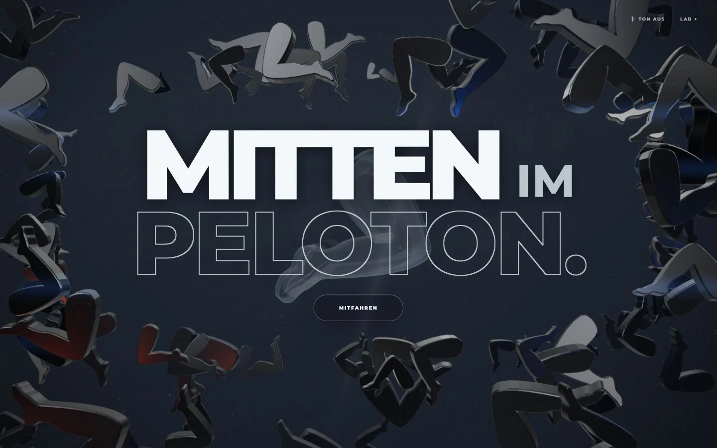 WebGL-Peloton aus schwebenden metallischen Beinformen mit dem Schriftzug Mitten im Peloton